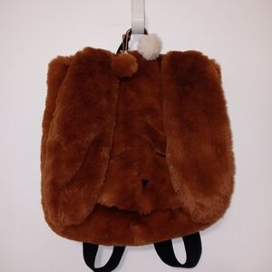 Zara Girls Fluffy Brown floppy ear Bunny lined BackPack w Embroidered Face 12x12